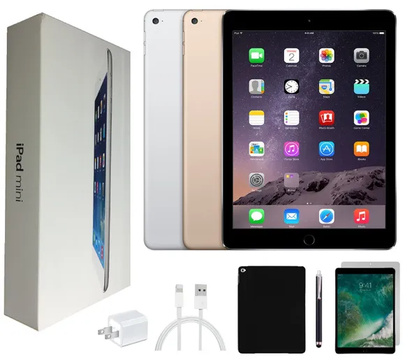 Open Box | Apple iPad Mini 1/2/3/4 Bundle | Includes: Tempered Glass, Case, Generic Charger, and Stylus Pen | Space Gray/Silver/Gold | Wi-Fi Only | A/B Grade Refurbished