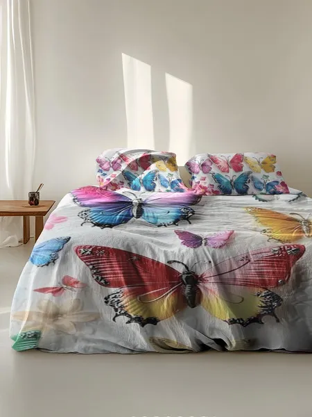 Three-piece fluffy printed double bed set, soft, comfortable and breathable bedding set, suitable for all seasons (without sheets, without fillers)