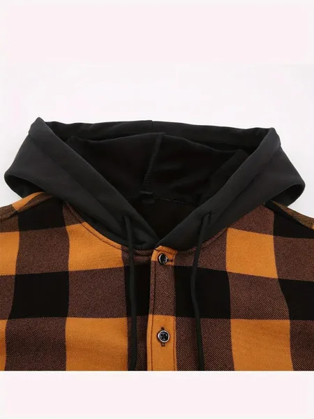 Loose Jacket Men's Autumn and Winter Warm Jacket Fashion Casual Plaid Long Sleeve Pocket Hooded Jacket