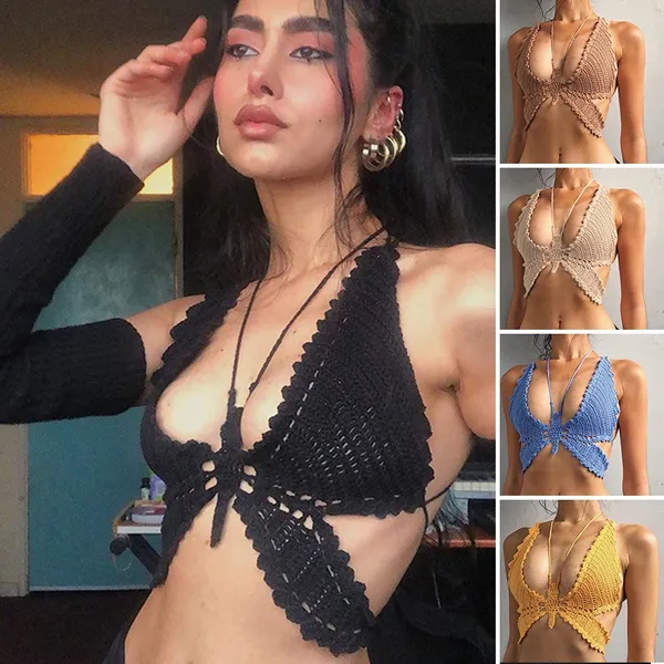 Sexy Sweet Bandage Hollow Crop Top For Women Camisole Summer Club Party Knitted Butterfly Tank Tops Beach vacation Vest