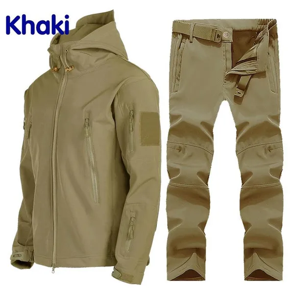 New Men's Windproof and Waterproof Top Autumn and Winter Soft Shell Jacket Set Shark Skin Wool Lining Outdoor Sportswear Men's Style exterior