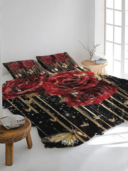 Three-piece fluffy printed double bed set, soft, comfortable and breathable bedding set, suitable for all seasons (without sheets, without fillers)