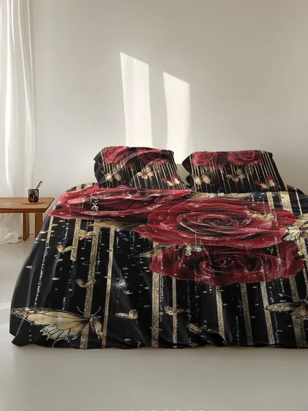 Three-piece fluffy printed double bed set, soft, comfortable and breathable bedding set, suitable for all seasons (without sheets, without fillers)