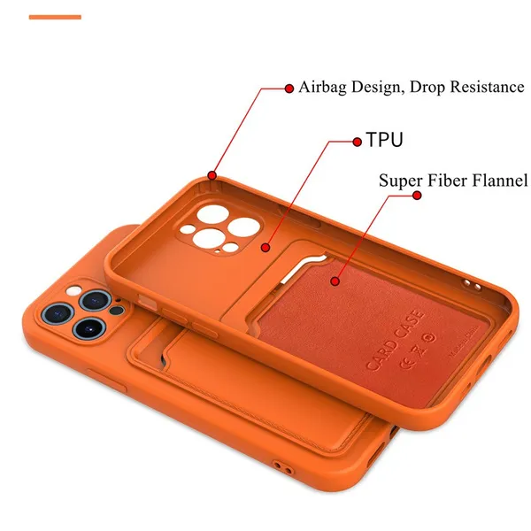 Original Rubber Liquid Silicone Phone Case with Card Holder Wallet Cover Case for iPhone 12 11 Pro Max 7 8 Plus XR X XS Card Bag Case Camera Lens Protector Cover with Microfiber Liner