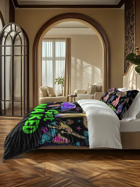 Three-piece fluffy printed double bed set, soft, comfortable and breathable bedding set, suitable for all seasons (without sheets, without fillers)