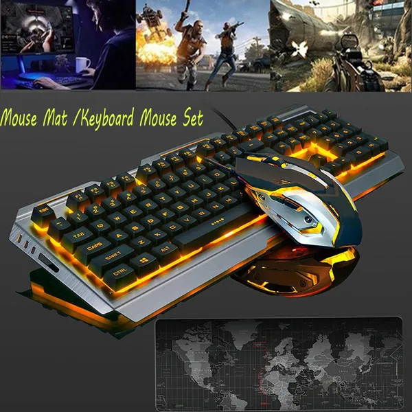 V1 USB Wired Ergonomic Backlit Mechanical Feel Gaming Keyboard Mouse World Map Set Anti-slip Gaming Mousepad