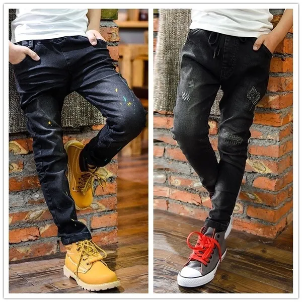 Children Spring&Autumn Casual Jeans Korean Paint Boys Denim Pants Teen Trousers Black 2 Colors 5-14 Years