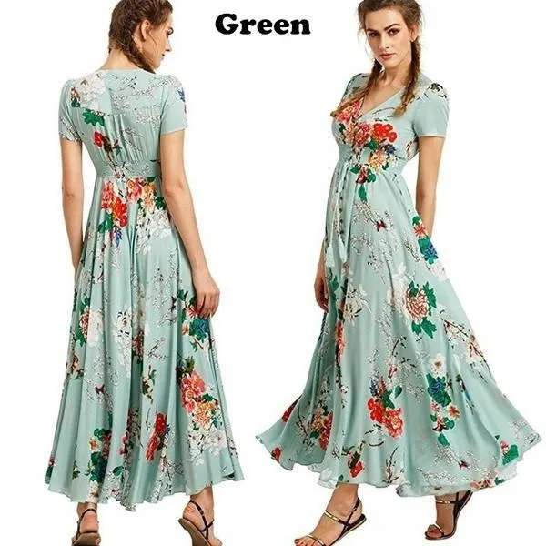 Womens Fashion Bohemian V Neck Print Big Swing Long Dress Plus Size