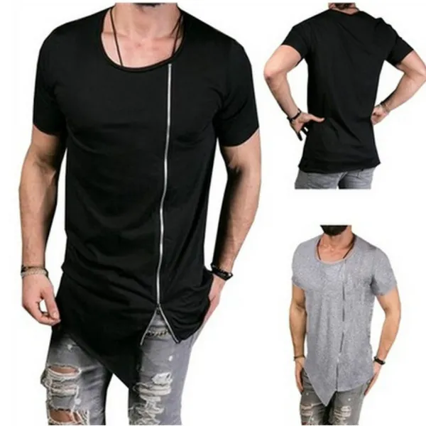Hot Men S Fashion Irregular Short-sleeved T-shirt Slim Zipper Big Neck T-shirt Casual Summer Solid Color