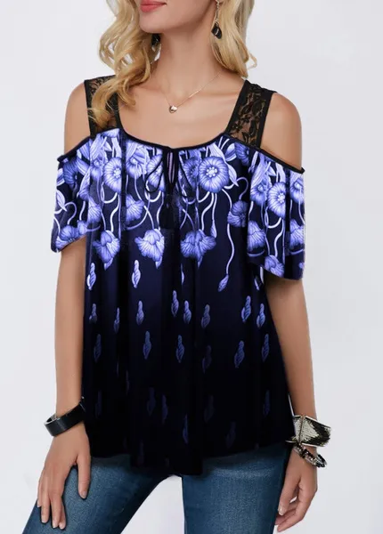 XS-8XL New Summer Clothes Women's Fashion Florals Printing Tops Casual Lace Patchwork Short Sleeve Cold Shoulder Shirt Plus Size Tunic Blouses