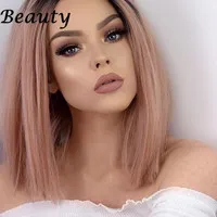 short bob hair pink Rose Gold Lace Front Lace Wigs Synthetic Straight Heat Resistant Fiber Wigs Middle Parting Wig
