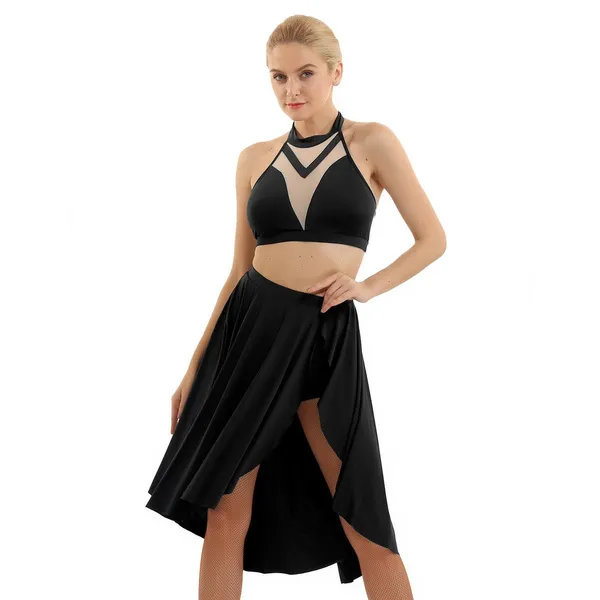 Women's Lyrical Ballet Dance Gymnastics 2Pcs Outfits Sleeveless Crop Top with High Low Skirt