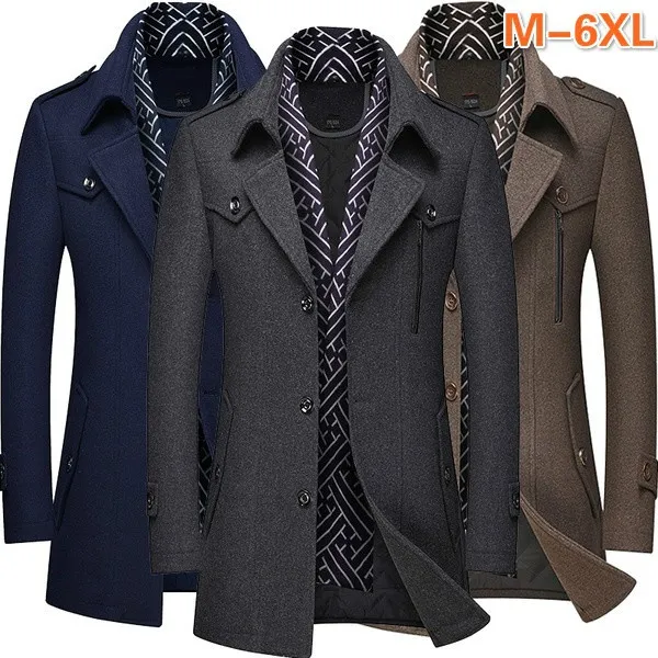 NEW Fashion Autumn Winter Wool Trench Coat for Men Casual Jackets Scarf Collar Slim Fit Pea Coat Cotton-Padded Mid-long Business Jacket