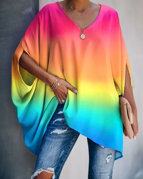 Womens Fashion Bat Sleeve V Neck Loose T-shirt Ladies Short Sleeve Tie Dye Rainbow Blouse Fashion Tops （7 Colors）