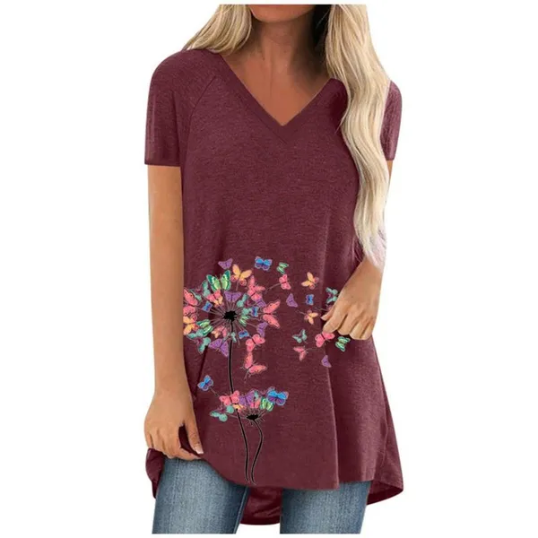 XS-8XL Plus Size Summer Clothes Women's Fashion Casual V-neck Short Sleeve Tee Shirts Ladies Loose Tunic T-shirts Cotton Floral Printed Blouses Solid Color Pullover Tops
