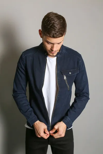 Unisex Fashion Denim Jacket Men'S Black Double Pocket Zippered Jeans Jacket