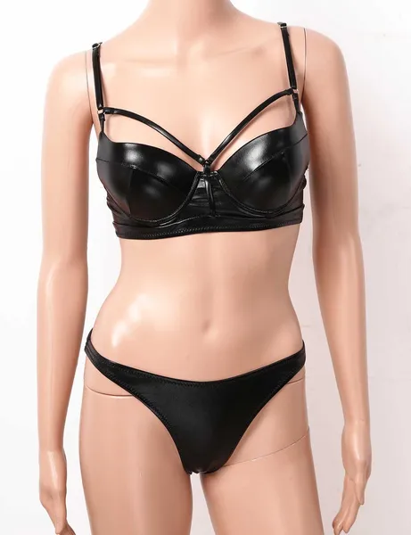 Women's Bright Leather Push up Padded Underwired Bra with Bikini Bottoms Swimwear