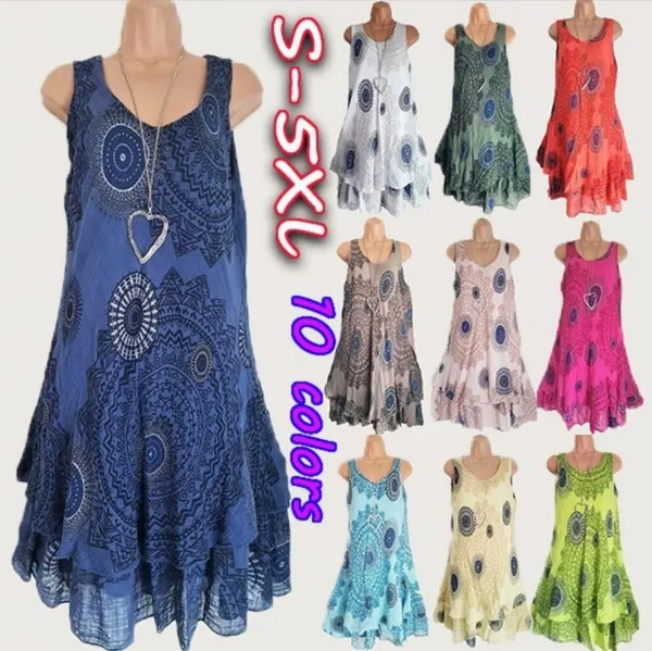 Women Plus Size Printing Sleeveless Sun Dress Floral Printed Tunic Dress(Size S~5XL)