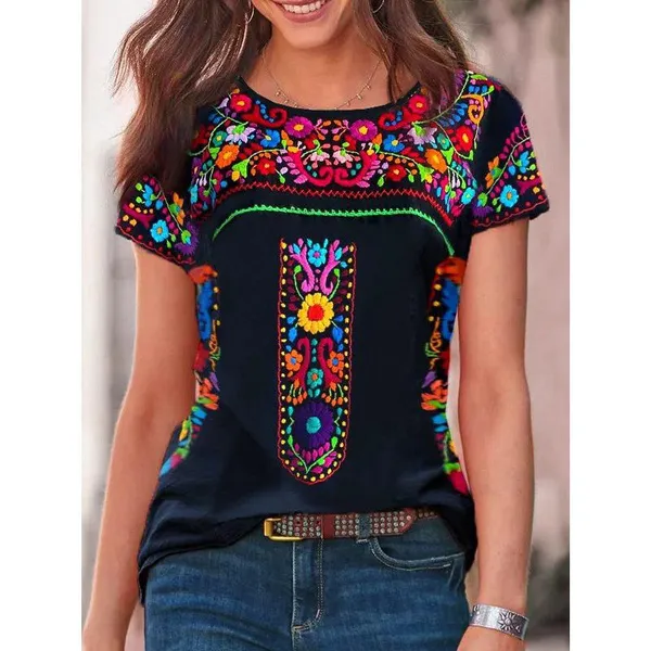 XS-6XL New Summer Plus Size Clothes Women's Fashion O-Neck Short Sleeve Tops Casual Bohemia Flowers Printed Cotton Shirts Ladies Loose Pullover Blouses