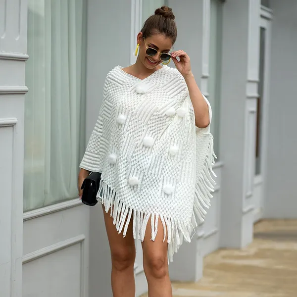 Causal Fashion Women knitted Batwing Cape Tassels Poncho Cloak Ladies Fur Ball Sweater Outwear（5 Colors）