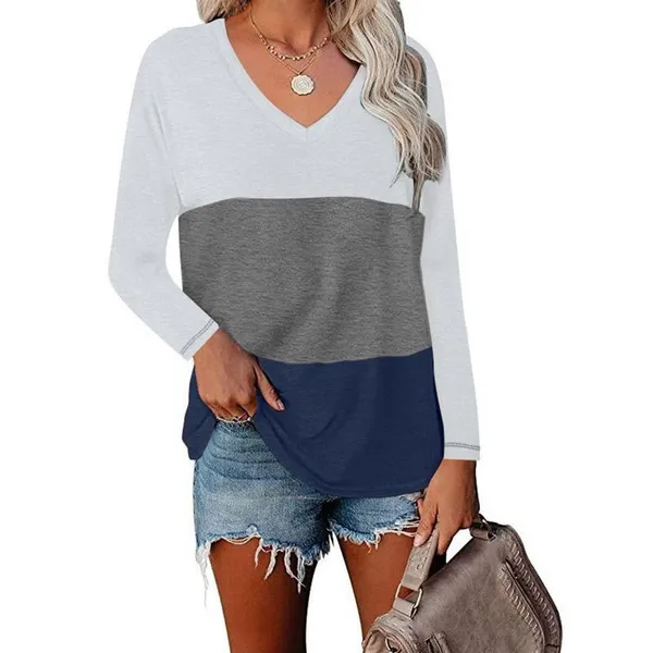 XS-8XL Autumn and Winter Tops Plus Size Women's Fashion Clothes Casual V-neck Splicing Long Sleeve Shirts Ladies Cotton Pullovers Loose T-shirts Blouses