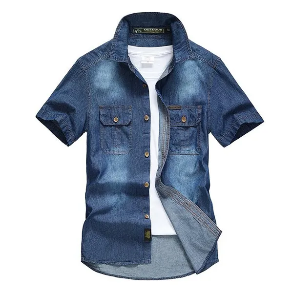 New Mens Denim Shirts Washed Pockets Vintage Short Sleeves Jeans Cotton Shirts
