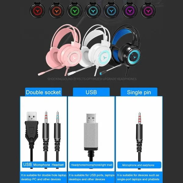 Gaming Headphones Gamer Headphones Surround Sound Stereo Earphones Wired Microphone USB Colorful Light PC Laptop Gaming Headset