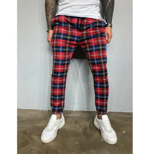 New Pop Fashion Men Plaid Casual Pants Joggers Slim Fit Skinny Casual Pencil Trousers
