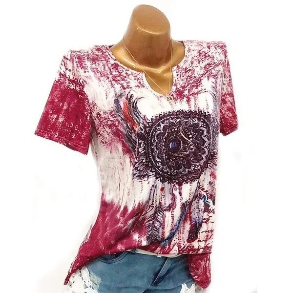 Womens Fashion Clothes Casual T-shirt Short Sleeve Tops Digital Printing V-Collar Short Sleeved T-shirt Plus Size S-5XL