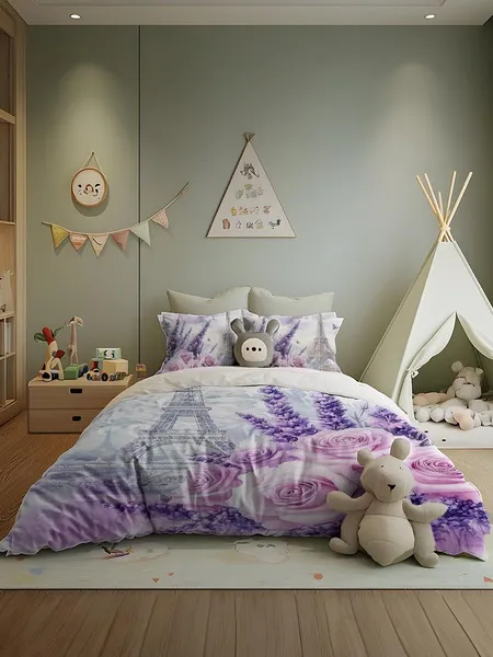 Three-piece fluffy printed double bed set, soft, comfortable and breathable bedding set, suitable for all seasons (without sheets, without fillers)