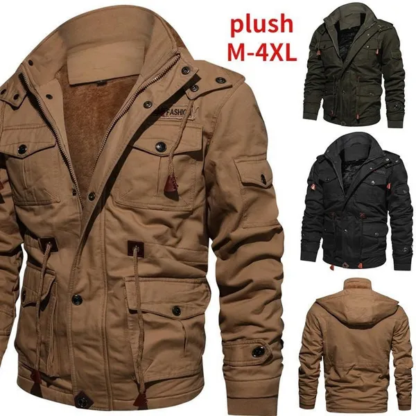 Autumn and Winter Men's Hooded Pile Jacket Large Size Cotton Midi Length Cargo Wash Jacket Men