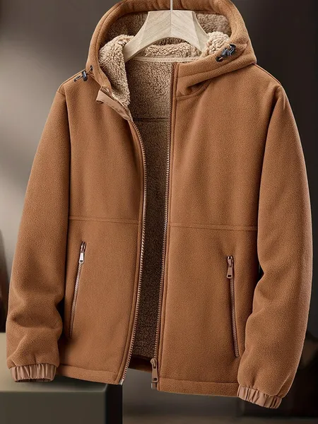 Warm & Cozy Polyester Blend Men's Fleece-Lined Hooded Jacket - Long Sleeve, Regular Fit, Casual Zip-Up Winter Coat with Pockets, Non-Transparent, Machine Washable, Solid Color