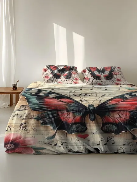 Three-piece fluffy printed double bed set, soft, comfortable and breathable bedding set, suitable for all seasons (without sheets, without fillers)