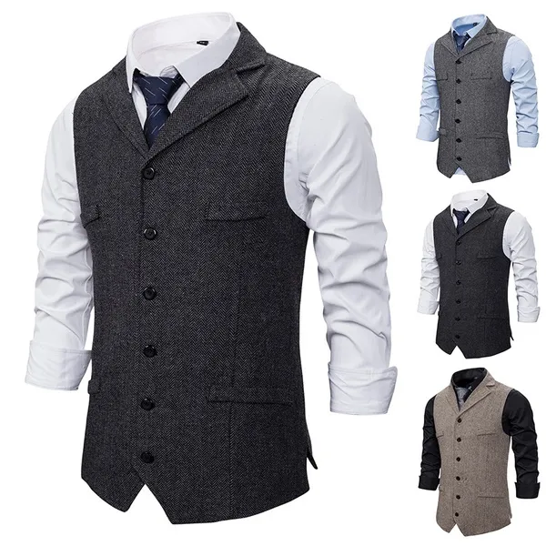 Fashion Mens Suit Waistcoat Herringbone Vests Solid Color Waistcoat Business Sleeveless Garment Gentleman Vest Office