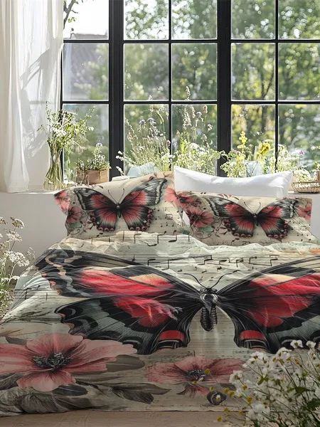 Three-piece fluffy printed double bed set, soft, comfortable and breathable bedding set, suitable for all seasons (without sheets, without fillers)