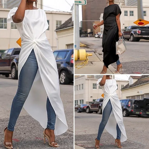 Dubai Women Casual Short Sleeve Shirt O-Neck Irregular Hem T Shirt Blouse Tops Kaftan Dress Irregular Hem Tops Plus Size