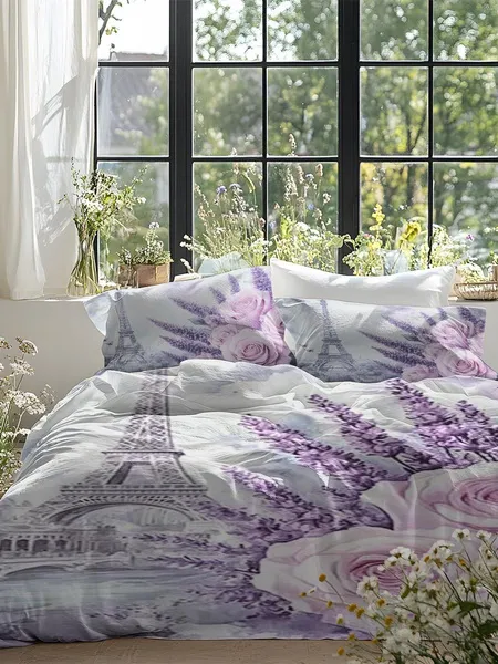 Three-piece fluffy printed double bed set, soft, comfortable and breathable bedding set, suitable for all seasons (without sheets, without fillers)