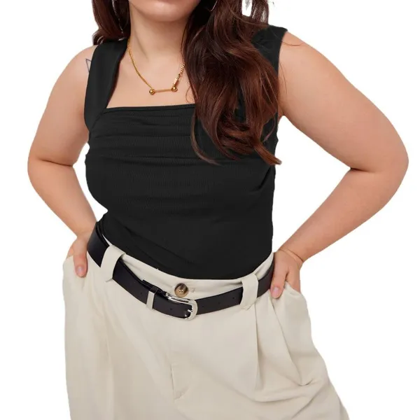 Spring And Summer Plus Size Women's Clothes Square Collar Slimming Temperament Pleated Sleeveless Knitted Vest Top In Stock