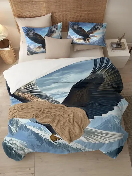 Three-piece fluffy printed double bed set, soft, comfortable and breathable bedding set, suitable for all seasons (without sheets, without fillers)