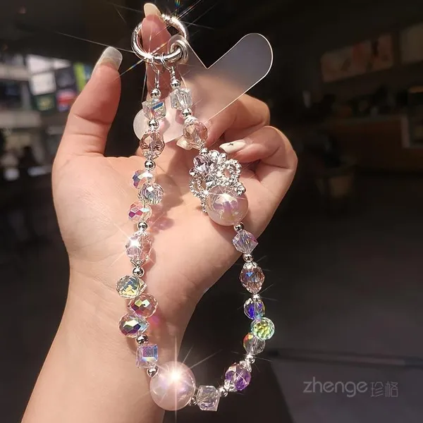 [Crystal Bead Phone Chain] Crystal Bead Mobile Phone Chain, Wrist Pendant Beaded Bracelet, Portable Female Short Style Mobile Phone Case Lanyard Universal