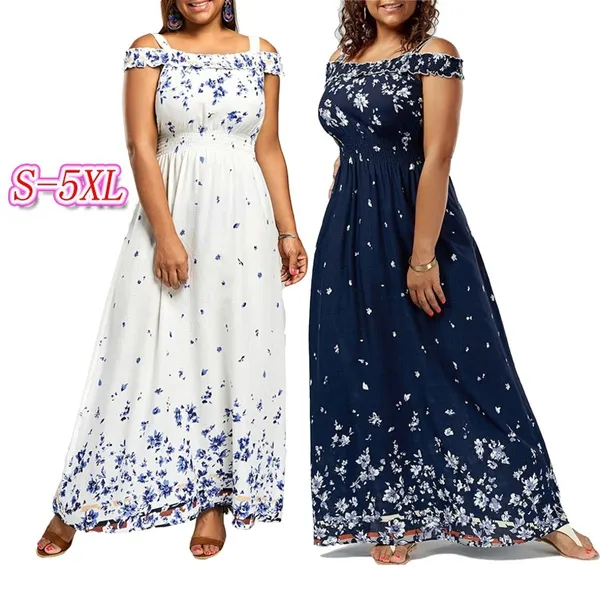Plus Size Floral Print Cold Shoulder Maxi Dress