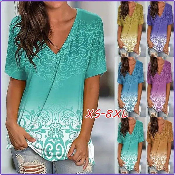 XS-8XL Women's Fashion Casual Summer Clothes V-neck Short Sleeved Tops Ladies Bohemian Floral Printed Blouses Loose T-shirts Plus Size Cotton Shirts
