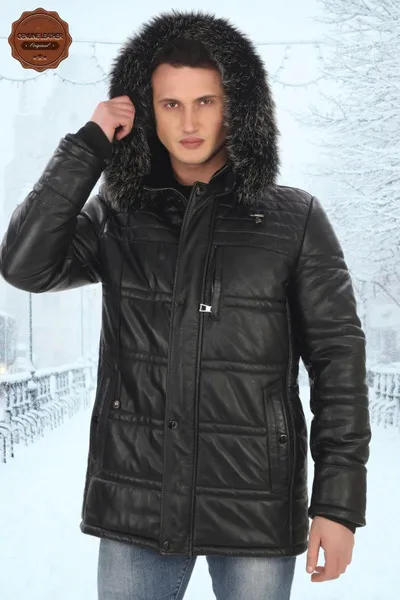 Men's Genuine Lambskin Winter Parka Hooded Fur Leather Coat Puffer Jacket Real Leather Coat