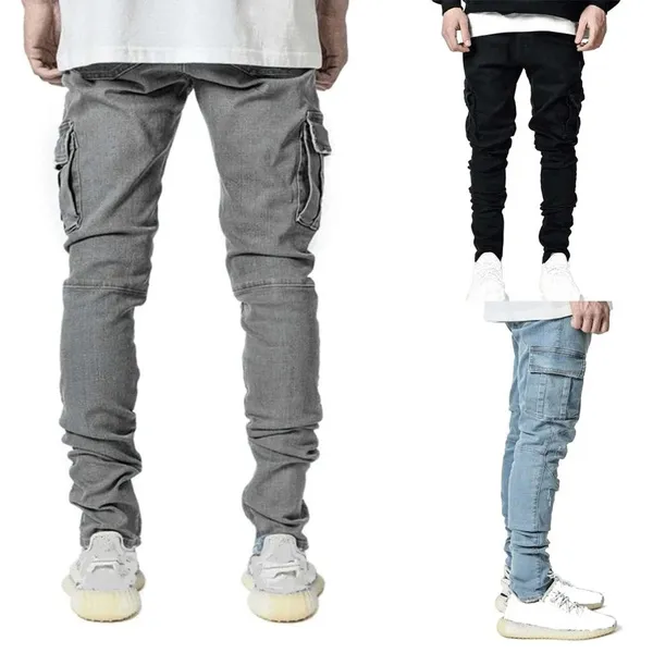 Man Stretch Jeans Ripped Skinnys Jeans Fashion Straight Leg Denims Jeans Pant Highs Waist Cargo Denims Pant