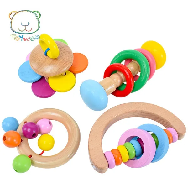 1 Pc Cute Months Play Toy In Stroller Car Wooden Hand Rattles for Kid Baby Bell Rattle Toy 0-3 Years Old