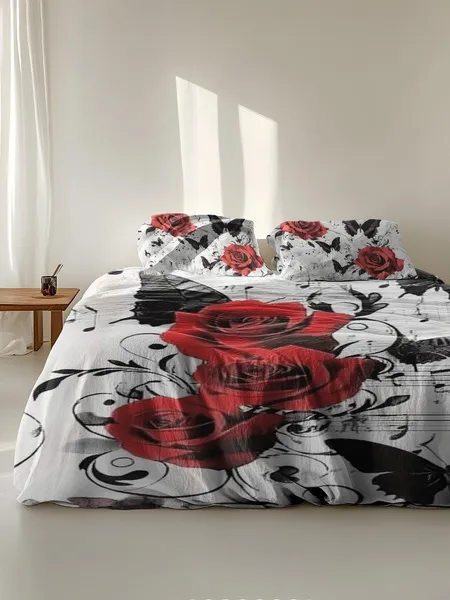 Three-piece fluffy printed double bed set, soft, comfortable and breathable bedding set, suitable for all seasons (without sheets, without fillers)