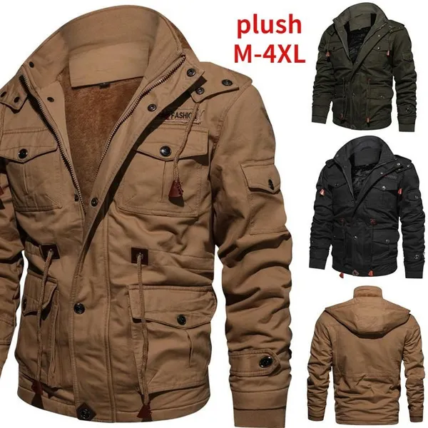Mens Jackets SlAutumn and Winter Men's Hooded Pile Jacket Large Size Cotton Midi Length Cargo Wash Jacket Menim Fit Zip Up Hooded Casual Korean Coats Warm For Winter Jackets