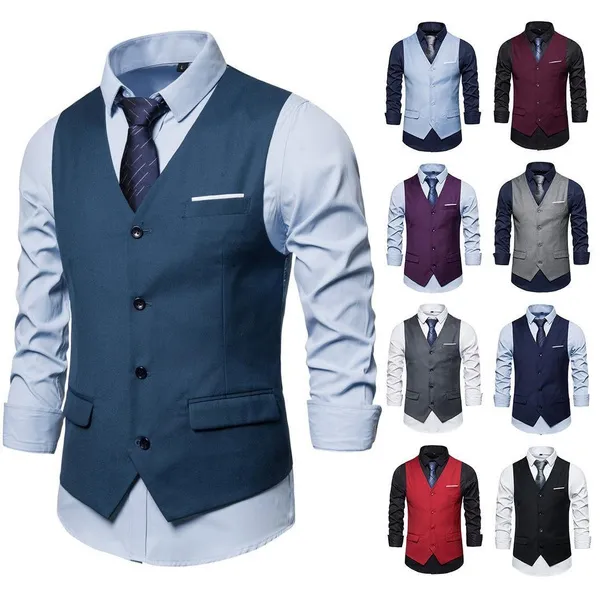 Mens New Fashion Spring&summer Single Breasted V-neck Suit Vest Casual Business Waistcoat Solid Color Sleeveless Jacket Male Slim Fit Gilet Vest