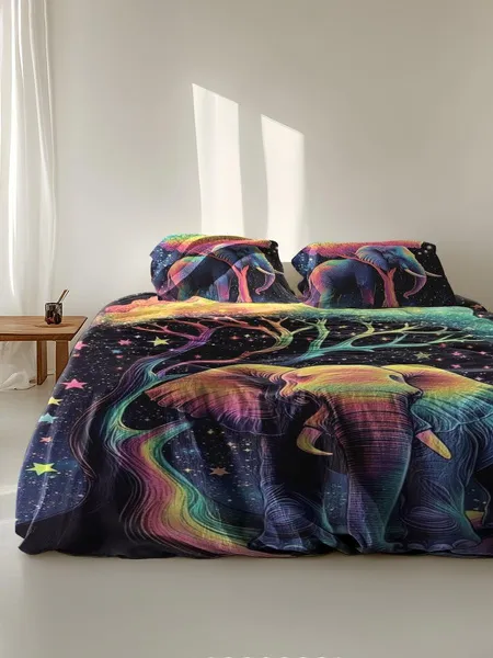 Three-piece fluffy printed double bed set, soft, comfortable and breathable bedding set, suitable for all seasons (without sheets, without fillers)