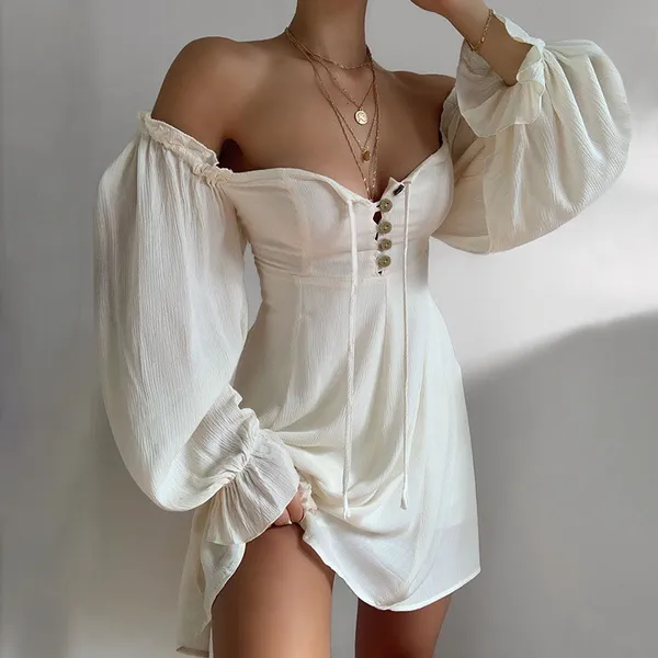 S-5XL Womens Deep V Neck Buttons Down Mini Swing Dress Puff Sleeve Sundress Party Off Shoulder Dress